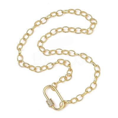 Brass Cable Chain Necklaces with Brass Micro Pave Clear Cubic Zirconia Oval Screw Carabiner Lock Charms NJEW-JN06422-1