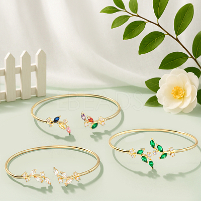 3Pcs 3 Colors Elegant Brass Cubic Zirconia Leaf Cuff Bangles for Women BJEW-GO0003-01G-1