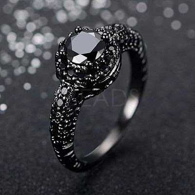 Flat Round Brass Jet Rhinestone Finger Rings FS-WG232E0-01-1