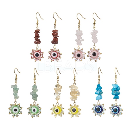 Evil Eye Natural & Synthetic Mixed Gemstone Chip & Seed Beads Dangle Earrings EJEW-MZ00166-1