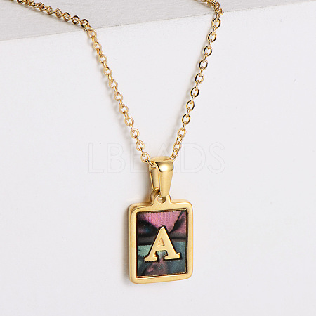 304 Stainless Steel Pave Natural Paua Shell Rectangle Initial Pendant Necklaces for Women FS-WG38E89-01-1