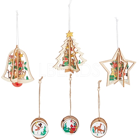 GORGECRAFT 6Pcs 6 Styles Wooden Christmas Ornaments WOOD-GF0001-51-1