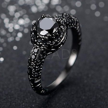 Flat Round Brass Jet Rhinestone Finger Rings FS-WG232E0-01-1