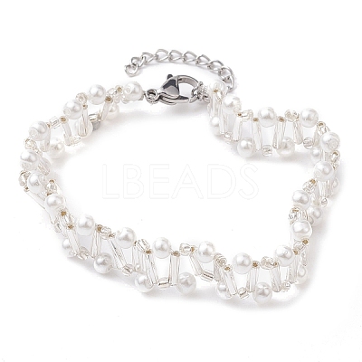 Imitated Pearl Acrylic & Glass Beaded Bracelets with 304 Stainless Steel Lobster Claw Clasps for Women BJEW-JB10199-02-1