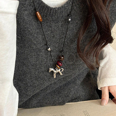 Alloy & Wood Horse Pendant Adjustable Waxed Cord Long Necklaces for Women WGBF527-01-1