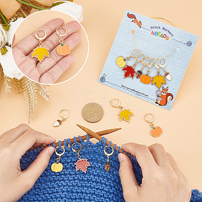 Autumn Theme Alloy Enamel Maple Leaf/Pumpkin/Acorn Locking Stitch Markers HJEW-PH01826-1