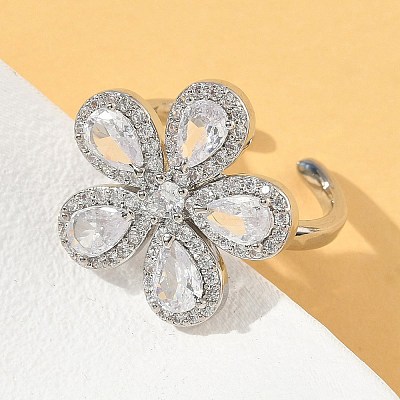 Flower Brass Micro Pave Cubic Zirconia Cuff Rings for Women RJEW-A069-14P-03-1