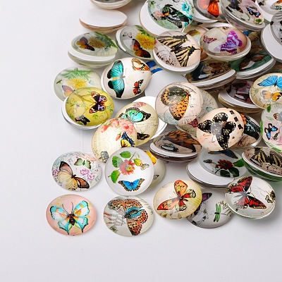 Butterfly Printed Glass Half Round/Dome Cabochons GGLA-N004-18mm-C-1
