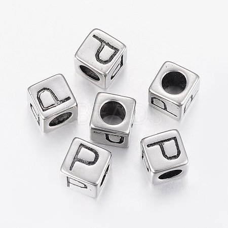 304 Stainless Steel Large Hole Letter European Beads X-STAS-H428-01AS-P-1