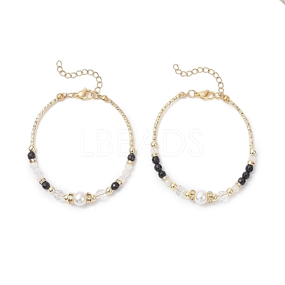 2Pcs Natural Rainbow Moonstone and Dyed Black Onyx and Shell Pearl Beads Bracelets for Women BJEW-JB12558-1