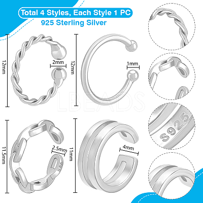 4Pcs 4 Styles 925 Sterling Silver Cuff Earrings EJEW-PH0001-38P-1