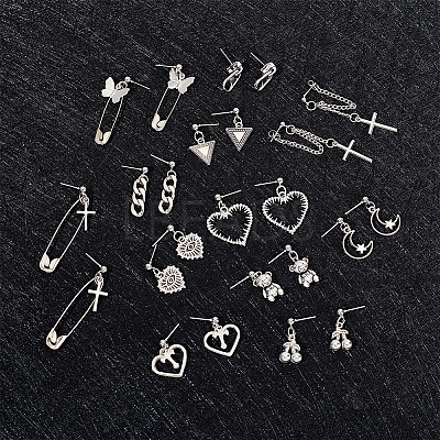 12 Pairs 12 Styles Cherry & Triangle & Eye & Bear & Zipper Buckle Alloy Dangle Stud Earrings for Women EJEW-AN0003-10-1