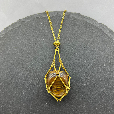 Natural Tiger Eye Nuggets Macrame Pouch Pendant 201 Stainless Steel Chain Necklaces FS-WG7A779-17-1