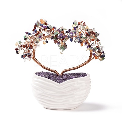 Natural Gemstone Heart Tree Ceramic Bonsai DJEW-G027-21RG-1