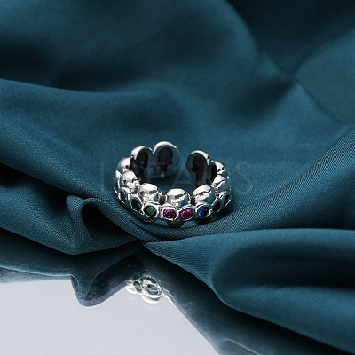 Brass Rhinestones Skull Open Cuff Rings for Unisex PW-WGC11C2-01-1