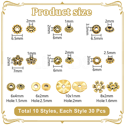 300Pcs 10 Styles Tibetan Style Alloy Spacer Beads TIBEB-UN0001-04AG-1