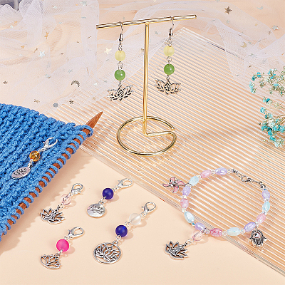 Glass Beaded Locking Stitch Markers with Lotus & Yoga Pendant HJEW-AB00012-1