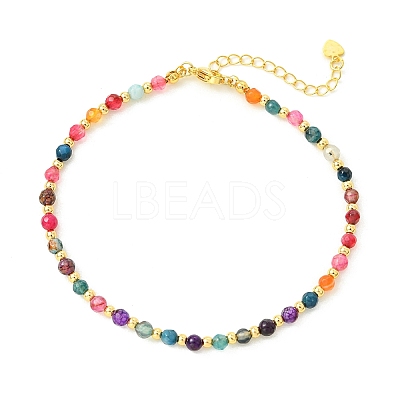Faceted Round Natural Multi-Color Agate & Brass Beaded Anklets AJEW-AN00880-1