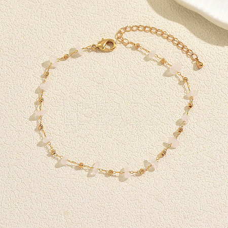 Beach Natural Rose Quartz Chip Beads Brass Anklets for Women GS4287-4-1