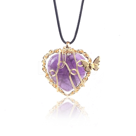 Natural Amethyst Metal Wire Wrapped Heart Pendants PW-WG13885-05-1