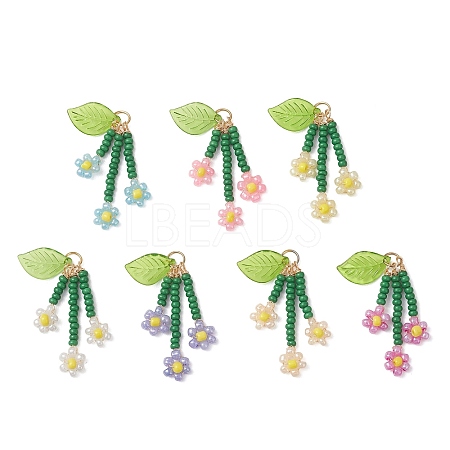 7Pcs Glass Seed Beaded Flower Pendants PALLOY-MZ01194-1