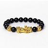 Golden Plated Alloy Pi Xiu 8MM Natural Black Onyx(Dyed & Heated) Round Beaded Stretch Bracelet for Men QJ0349-1-1
