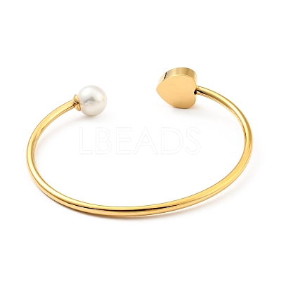Shell Pearl & Heart with Evil Eye Open Cuff Bangle BJEW-G647-03G-1