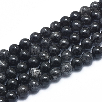 Natural Tourmalinated Quartz/Black Rutilated Quartz  Beads Strands G-D0003-C23-8MM-1