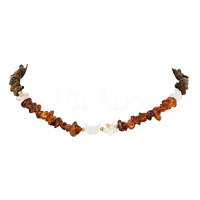 Natural Amber & Tiger Eye & Heated Citrine Chip Beaded Necklaces NJEW-JN06680-1