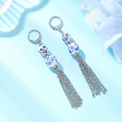 Handmade Flower Printed Porcelain Ceramic Beads Leverback Earrings EJEW-JE06893-1