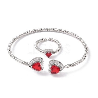 Heart Brass Micro Pave Cubic Zirconia Cuff Bangles & Rings Sets for Women SJEW-R002-05P-05-1