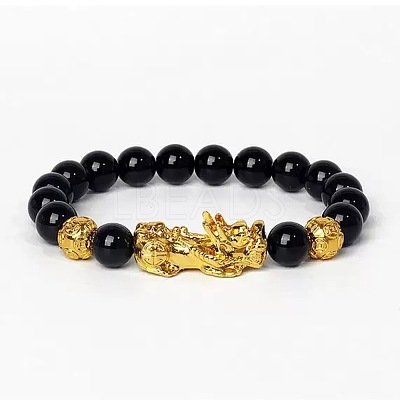 Golden Plated Alloy Pi Xiu 8MM Natural Black Onyx(Dyed & Heated) Round Beaded Stretch Bracelet for Men QJ0349-1-1