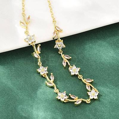 Brass Pave Cubic Zirconia Flower Link Chain Necklaces KK-CBA4547-18G-10-1