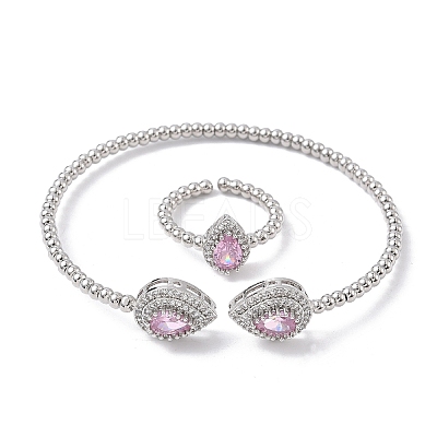 Teardrop Brass Micro Pave Cubic Zirconia Cuff Bangles & Rings Sets for Women SJEW-R002-04P-02-1