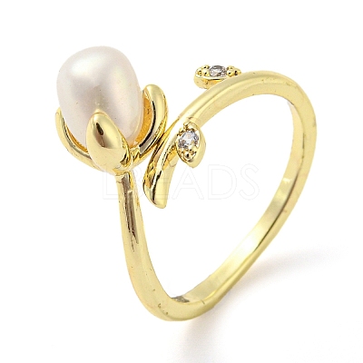 Flower Natural Pearl Cuff Ring with Rhinestone RJEW-H220-14G-1