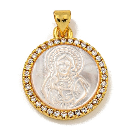 Rack Plating Brass Micro Pave Clear Cubic Zirconia Flat Round Pendants KK-U025-10G-05-1
