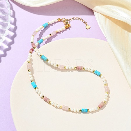 Natural Rose Quartz & Dyed Howlite & Rhodonite Heishi Beads and Natural Cultured Freshwater Pearl Rice Beaded Necklaces for Women NJEW-JN06294-01-1