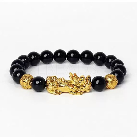 Golden Plated Alloy Pi Xiu 8MM Natural Black Onyx(Dyed & Heated) Round Beaded Stretch Bracelet for Men QJ0349-1-1