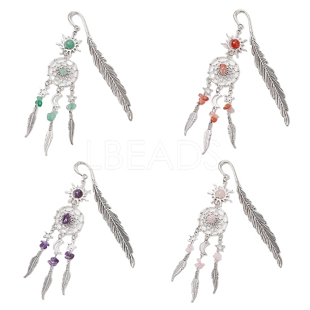 Alloy Sun & Woven Net/Web with Feather Charms Bookmarks AJEW-JK00368-1