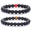 2Pcs 2 Style Natural Tiger Eye & Lava Rock & Synthetic Black Stone Round Beaded Stretch Bracelets Set SF6156-3-1