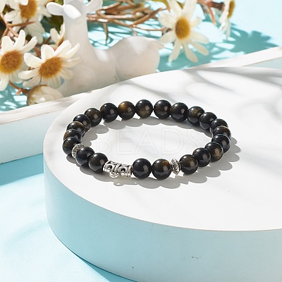 Natural Golden Sheen Obsidian Stretch Bracelet with Alloy Beads BJEW-JB08017-02-1