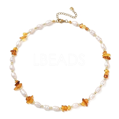 Natural Amber Chip & Rice Cultured Freshwater Pearl Beaded Necklaces for Women NJEW-JN06665-02-1