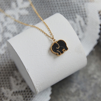 304 Stainless Steel & Dyed Natural Shell Black White Double Sided Elephant Pendant Cable Chain Necklaces for Women WGC210C-01-1