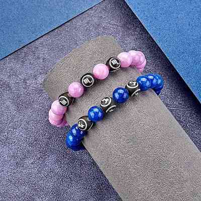 Blue Natural Mashan Jade Round Beaded Stretch Bracelet BJEW-SW00077-03-1