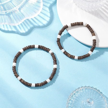 2Pcs 2 Styles Natural Coconut & White Shell Flat Round Beads Stretch Bracelets for Men Women BJEW-JB12460-1