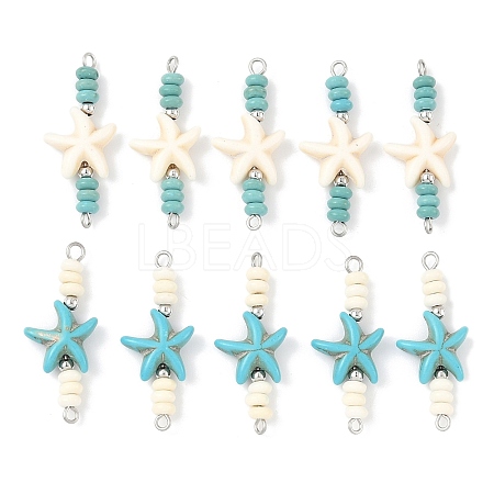 10Pcs 2 Colors Dyed Synthetic Turquoise Starfish Rondelle Beaded Connector Charms PALLOY-JF04014-1