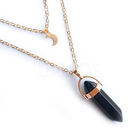 Natural Obsidian Double Terminated Pointed Bullet & Moon Alloy Pendant Double Layer Necklaces for Women WGAD714-01-1