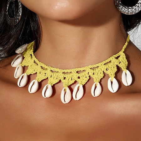 Bohemian Handmade Woven Polyester Cord Natural Cowrie Shell Tassel Choker Necklaces for Women FS-WGB5F2D-02-1