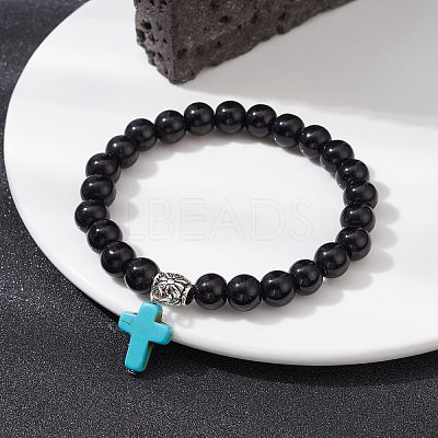 Synthetic Black Stone Round Beaded Stretch Bracelet BJEW-JB09745-01-1