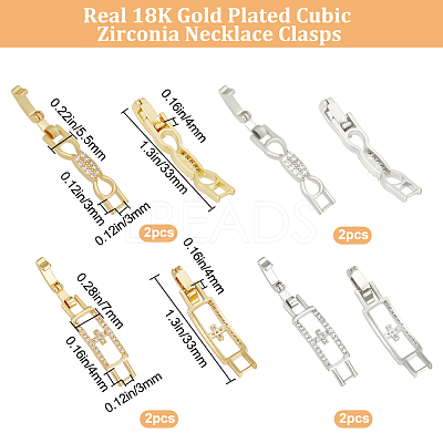 8Pcs 4 Styles Rack Plating Brass Clear Cubic Zirconia Watch Band Clasps ZIRC-BBC0002-02-1